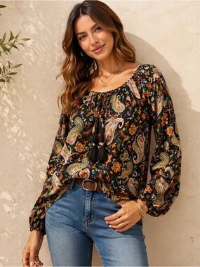 Johnny Was Silk Black Paisley Boho Blouse Tassel Tie Peasant Top Size S